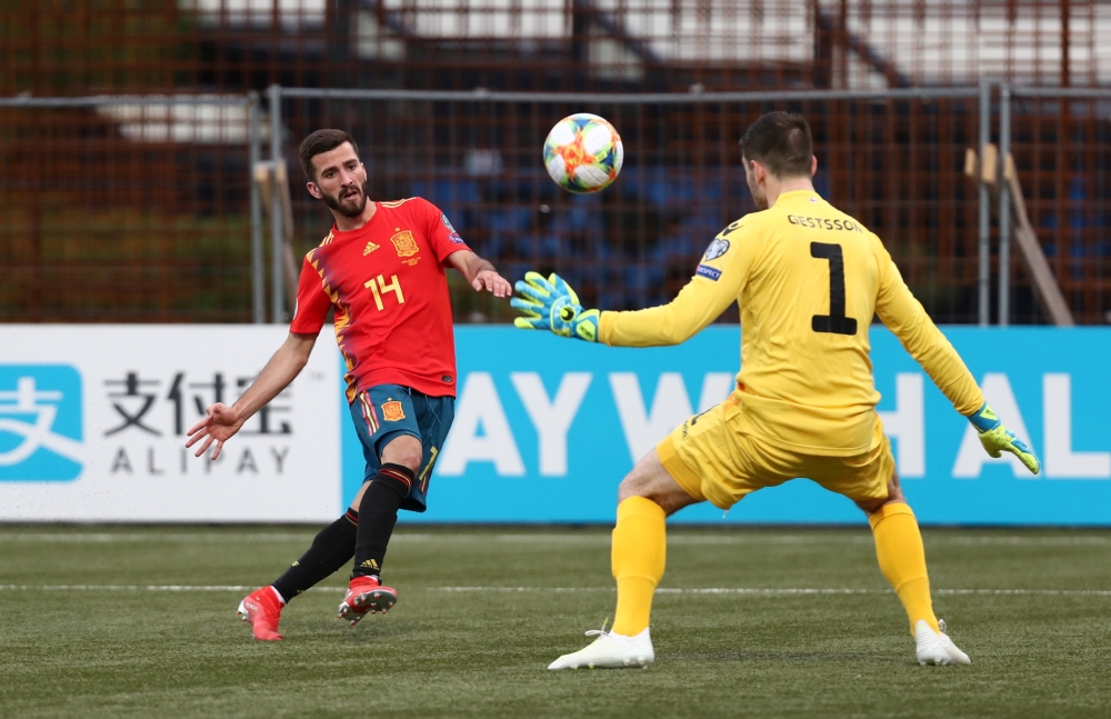 Spain's Jose Gaya scores their fourth goal during the UEFA Euro 2020 group F qualifying football match against Faroe Islands at the Trosvollur stadium in Torshavn on Friday. — Reuters