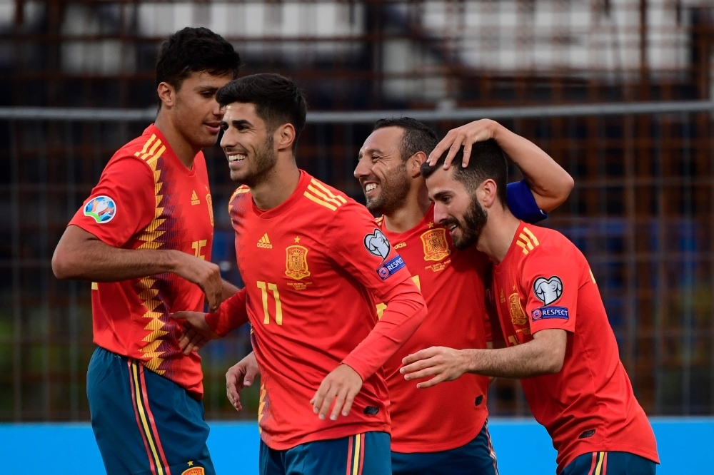 Spain's Jose Gaya scores their fourth goal during the UEFA Euro 2020 group F qualifying football match against Faroe Islands at the Trosvollur stadium in Torshavn on Friday. — Reuters