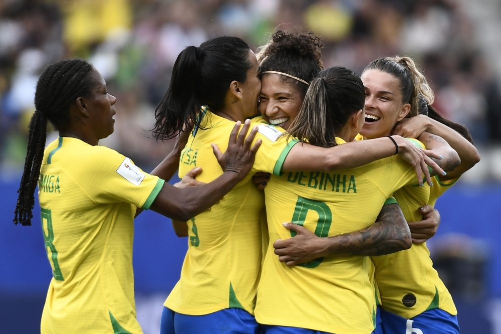 Brazil's forward Cristiane (C) celebrates after scoring a goal during the France 2019 Women's World Cup Group C football match against Jamaica on Sunday at the Alpes Stadium in Grenoble, central-eastern France. — AFP 