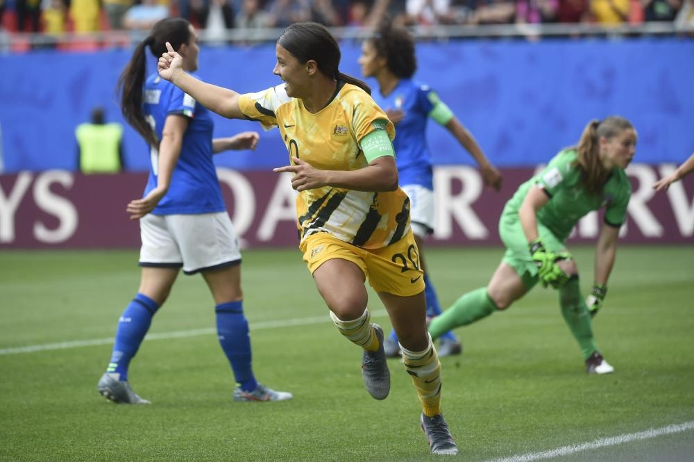 Australia's forward Samantha Kerr celebrates after scoring a goal during the France 2019 Women's World Cup Group C football match between Australia and Italy, on Sunday, at the Hainaut Stadium in Valenciennes, northern France. — AFP