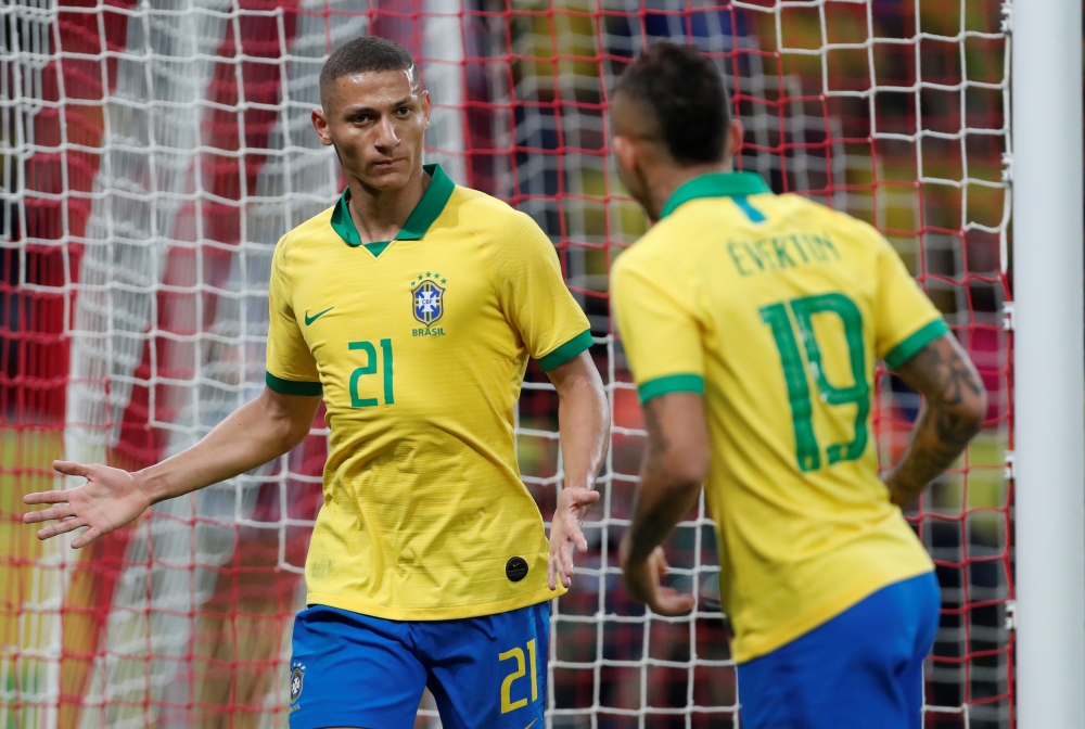 Brazil’s Richarlison celebrates scoring their seventh goal against Honduras during the international friendly at the Beira Rio Stadium, Porto Alegre, Brazil, on Sunday. — Reuters