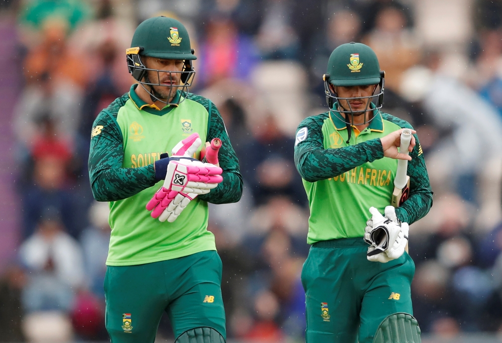 General view as the big screen displays a message notifying spectators the ICC Cricket World Cup match between South Africa and West Indies has been abandoned on Monday. — Reuters