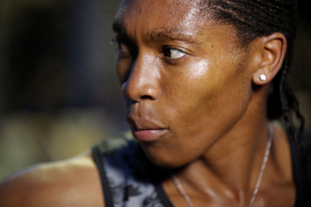 South African athlete Caster Semenya speaks with journalists after she raced during a 2,000 meters for the first time after her ban due to elevated testosterone levels at a small meeting in Montreuil, near Paris, France, on Tuesday. — Reuters