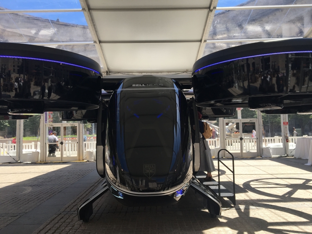 The Bell Nexus concept “flying car” is shown at the Uber Elevate summit in Washington, DC on Tuesday, one of several that will make up a fleet of electric aircraft Uber expects to deploy by 2023. Uber selected Mebourne, Australia, as the first non-US city for its aerial ridesharing service expected to launch in 2023 as it unveiled new partners for the ambitious initiative.  — AFP