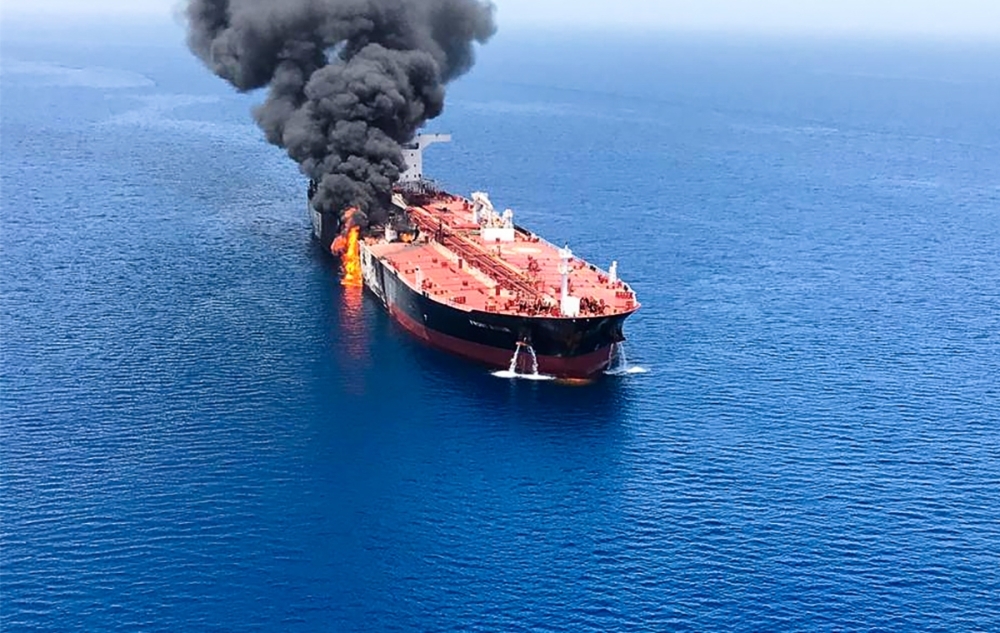 A picture obtained by AFP on Thursday reportedly shows fire and smoke billowing from a tanker said to have been attacked in the waters of the Gulf of Oman. — AFP