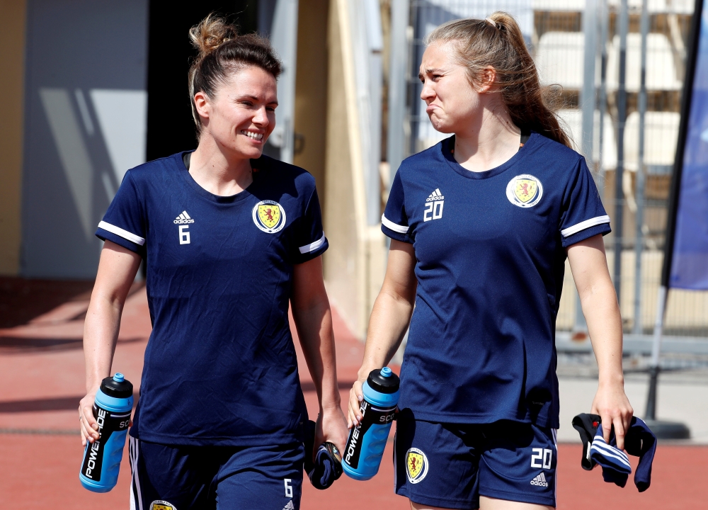 Scotland's Joanne Love and Fiona Brown during Women's World Cup training at the Allianz Riviera, Nice, France. — Reuters