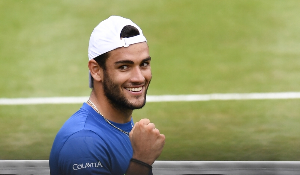 Italy's Matteo Berrettini reacts after defeating US Denis Kudla during their quarterfinal match at the ATP Mercedes Cup tennis tournament in Stuttgart, southwestern Germany, on Friday. — AFP