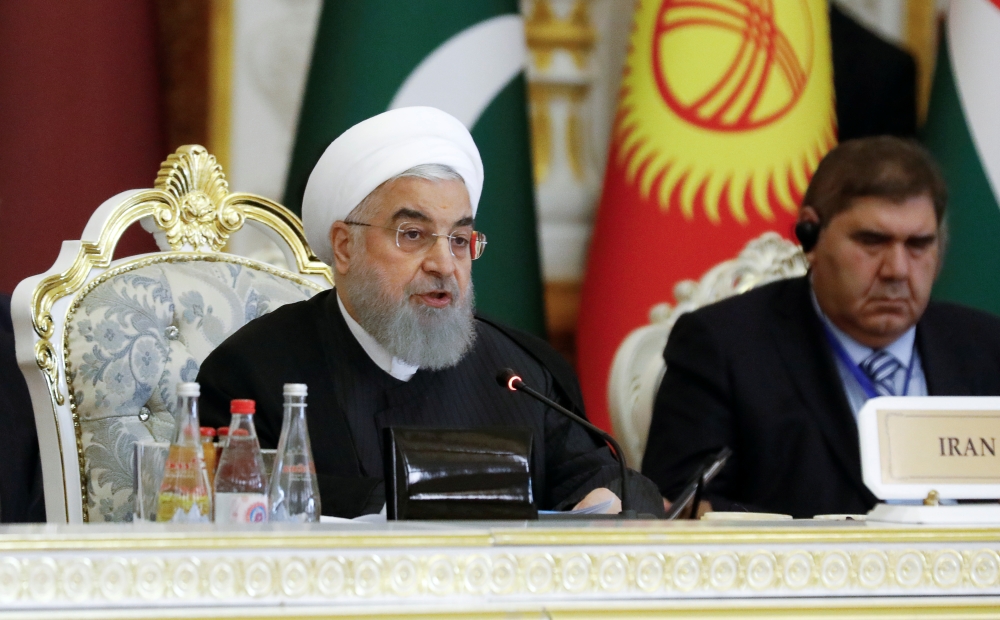 Iranian President Hassan Rohani delivers a speech at the Conference on Interaction and Confidence-Building Measures in Asia (CICA) in Dushanbe, Tajikistan, Saturday. — Reuters 