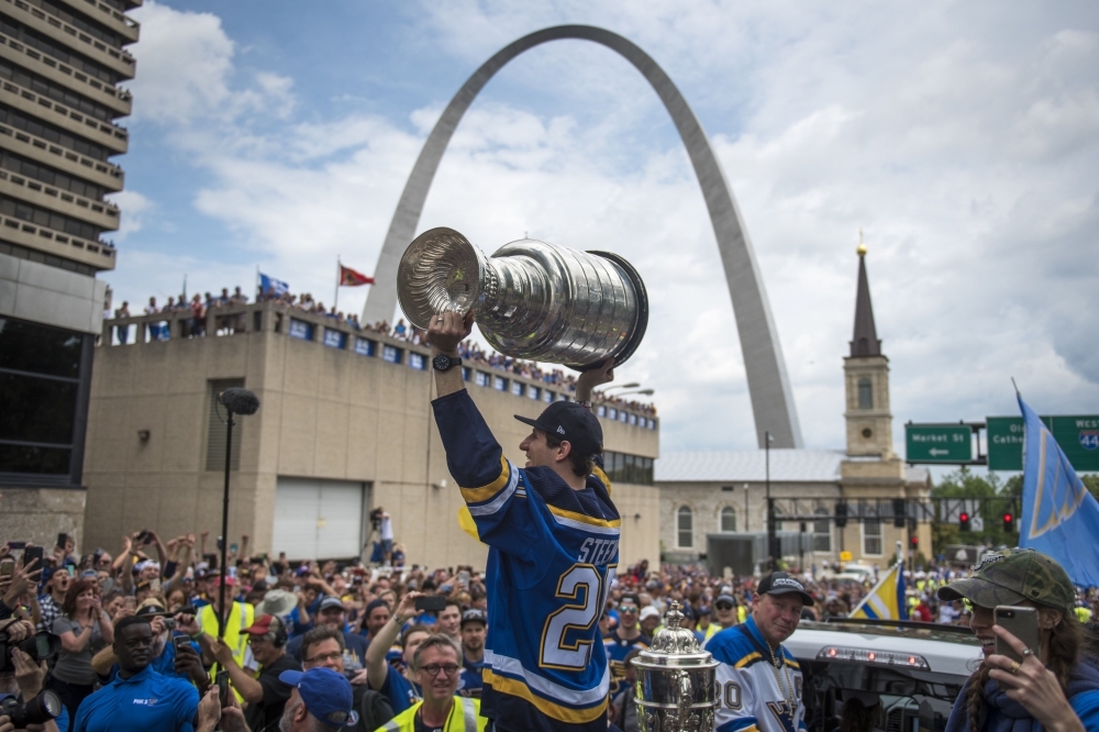 Alexander Steen No. 20 of the St. Louis Blues hoists the Stanley Cup during the St Louis Blues Victory Parade and Rally after winning the 2019 Stanley Cup Final on Saturday in St Louis, Missouri. — AFP