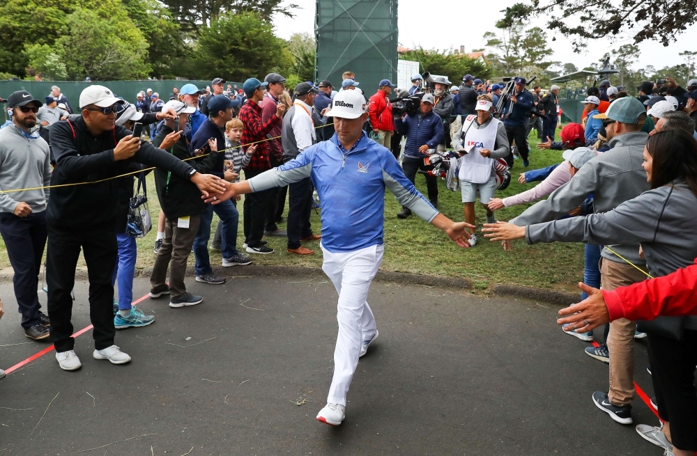 Gary Woodland of the United States plays a shot from the 14th tee during the third round of the 2019 US Open at Pebble Beach Golf Links on Saturday in Pebble Beach, California. — AFP