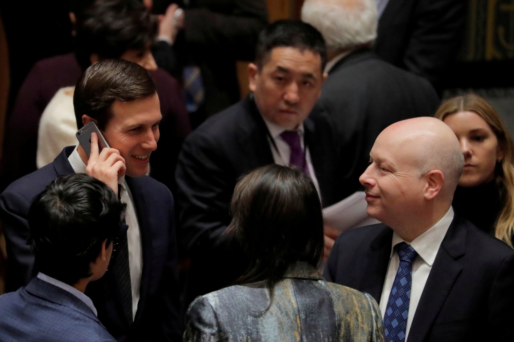 White House senior adviser Jared Kushner, left, speaks with United States Ambassador to the United Nations Nikki Haley and lawyer Jason Greenblatt, right, before a meeting of the United Nations Security Council at UN headquarters in New York in this Feb. 20, 2018 file photo. — Reuters