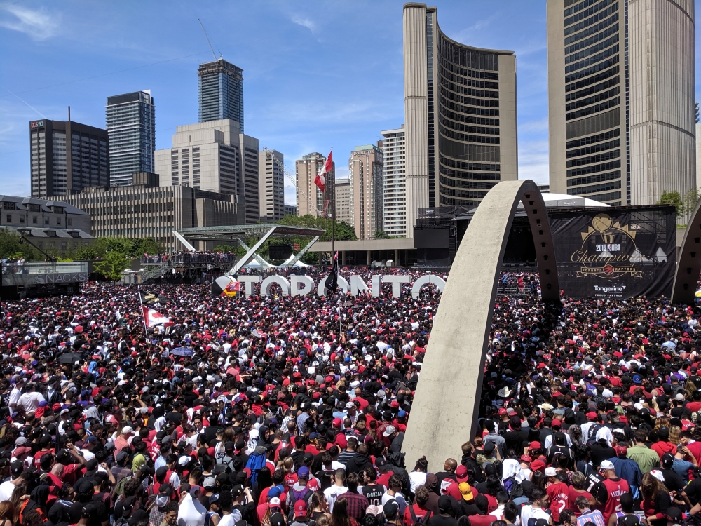 Toronto fans gather in front of the city hall during the Toronto Raptors NBA Championship celebration parade at Nathan Phillips Square in Toronto, Ontario, Canada, on Monday. — Reuters