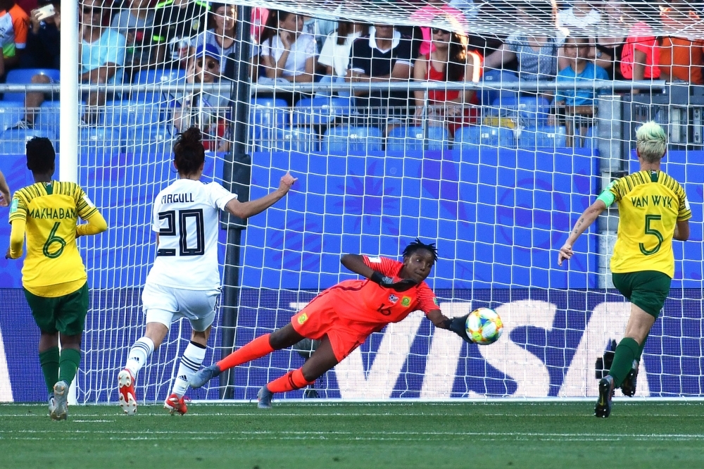 Germany's forward Lina Magull (2L) scores a goal during the France 2019 Women's World Cup Group B football match between South Africa and Germany, on Monday, at the Mosson Stadium in Montpellier, southern France. — AFP
