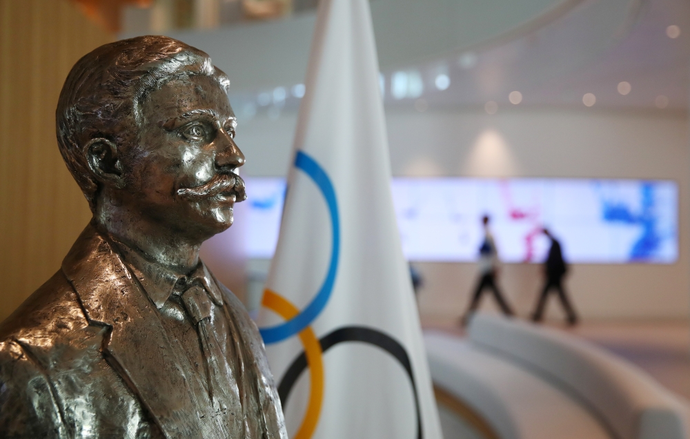 The statue of Baron Pierre de Coubertin is pictured in the Olympic House, the new headquarters of the International Olympic Committee (IOC), designed by 3XN  IttenBrechbuehl, in Lausanne, Switzerland, Wednesday. — Reuters