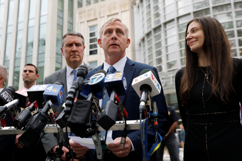 Richard P. Donoghue, United States Attorney for the Eastern District of New York, speaks to the media after the guilty verdicts in the sex trafficking and racketeering case against Nxivm cult founder Keith Raniere outside the Brooklyn Federal Courthouse in New York, on Wednesday. — Reuters