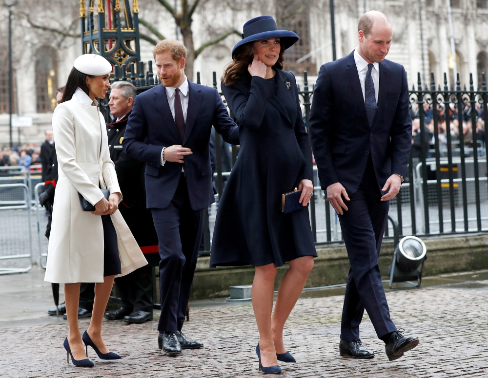 Britain's Prince Harry, his fiancee Meghan Markle, Prince William and Kate, the Duchess of Cambridge, arrive at the Commonwealth Service at Westminster Abbey in London, Britain, in this March 12, 2018 file photo. — Reuters