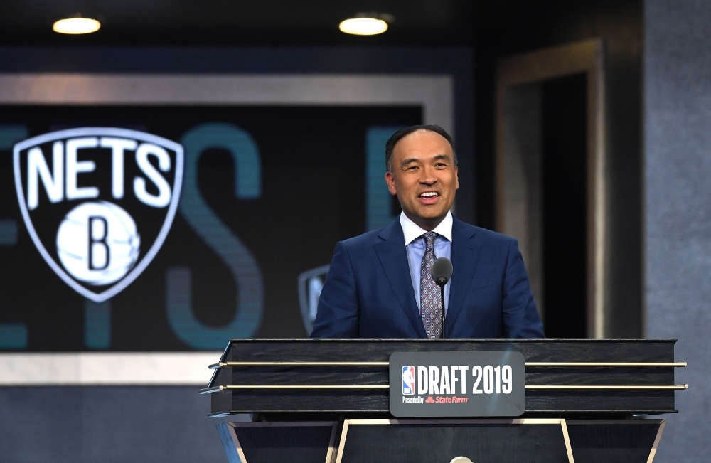 Rui Hachimura poses with NBA Commissioner Adam Silver after being drafted with the ninth overall pick by the Washington Wizards during the 2019 NBA Draft at the Barclays Center on Thursday in the Brooklyn borough of New York City. — AFP