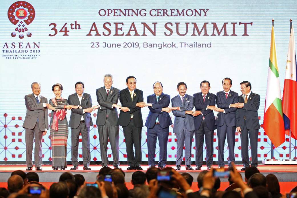 ASEAN leaders shake hands on stage during the opening ceremony of the 34th ASEAN Summit at the Athenee Hotel in Bangkok, Thailand on Sunday. – Reuters