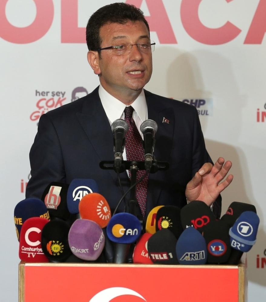 Ekrem Imamoglu, mayoral candidate of the main opposition Republican People's Party (CHP), talks to the media at the CHP election coordination center in Istanbul, Sunday. — Reuters