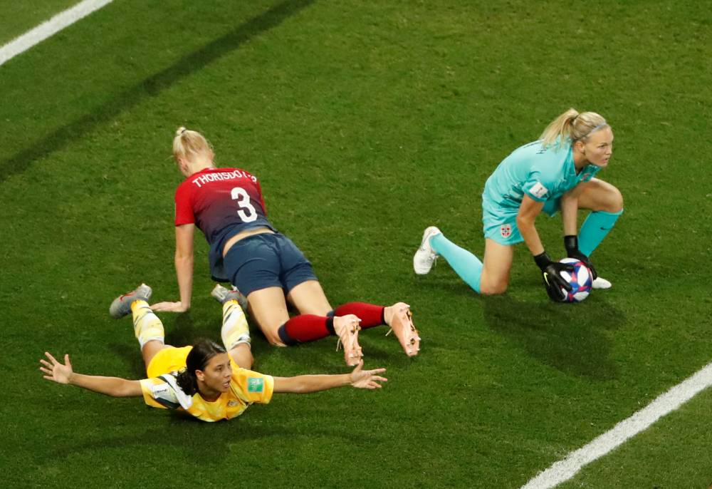 Australia's Sam Kerr in action with Norway's Maria Thorisdottir and Norway's Ingrid Hjelmseth during the Women's World Cup round of 16  match at the Allianz Riviera, Nice, France, on Saturday. — Reuters