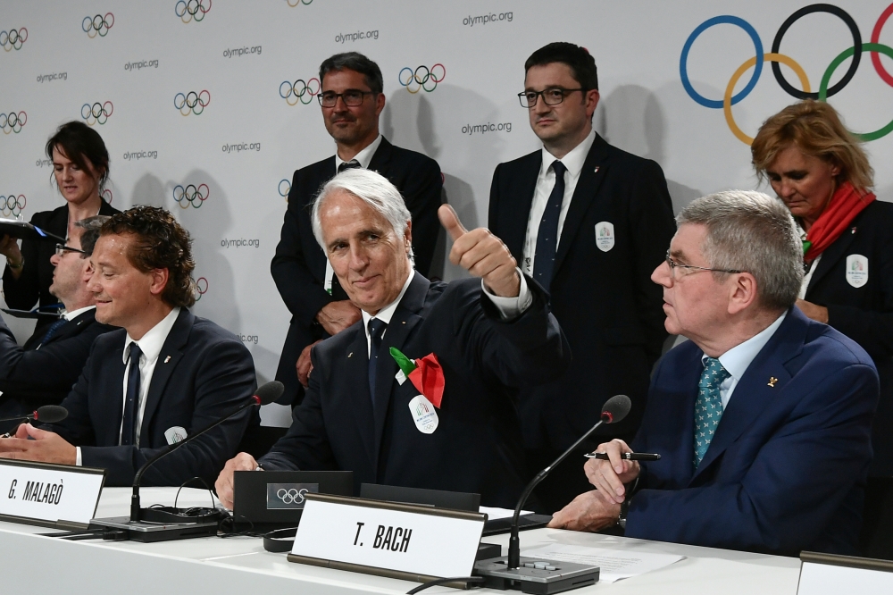 Italian National Olympic Commitee (CONI) president Giovanni Malago reacts during a press conference after the Milan/Cortina d'Ampezzo 2026 Winter Olympics candidate city was elected to host the 2026 Olympic Winter Games during the 134th session of the International Olympic Committee (IOC), in Lausanne on Monday. — AFP