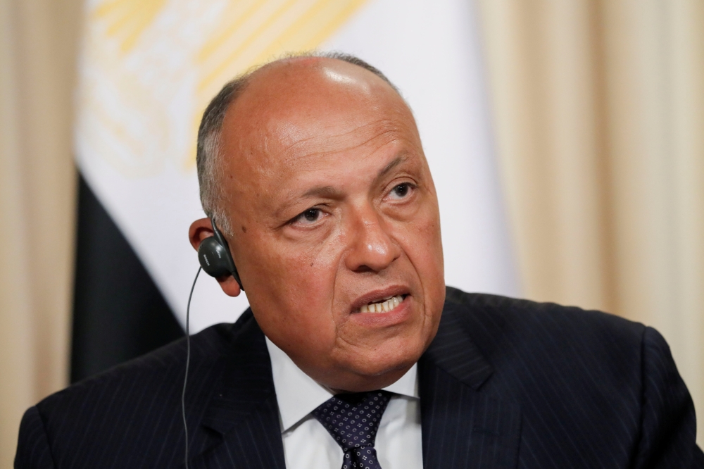 Egypt's Foreign Minister Sameh Shoukry and Russia's Foreign Minister Sergei Lavrov, not seen, attend a news conference in Moscow on Monday. — Reuters