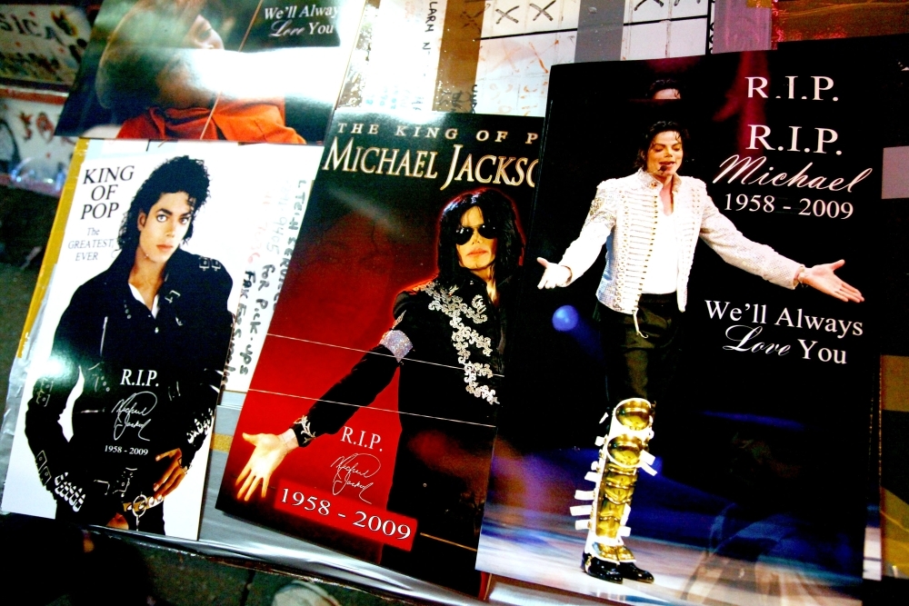 In this file photo taken on June 27, 2009 Michael Jackson memorabilia is on display for sale at Times Square in New York City.  — AFP