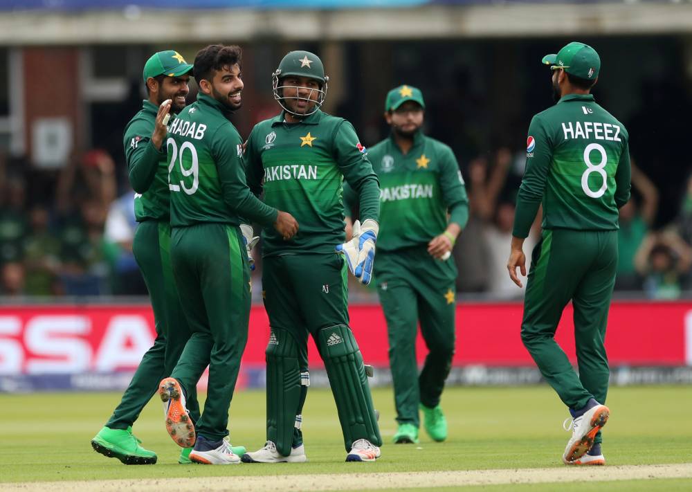 Pakistan's Shadab Khan celebrates taking the wicket of South Africa's Aiden Markram with teammates during the ICC Cricket World Cup match at Lord's Cricket Ground, London, Britain on Sunday. —  Reuters