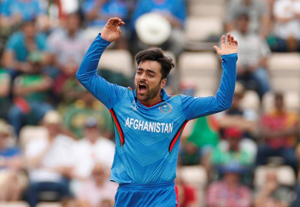 Afghanistan's Rashid Khan reacts during the ICC Cricket World Cup match against Bangladesh at The Ageas Bowl, Southampton, Britain on Monday. — Reuters