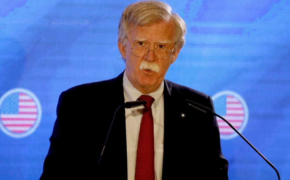 US National Security Adviser John Bolton speaks during a trilateral summit between the US, Israel and Russia in Jerusalem on Tuesday. — AFP
