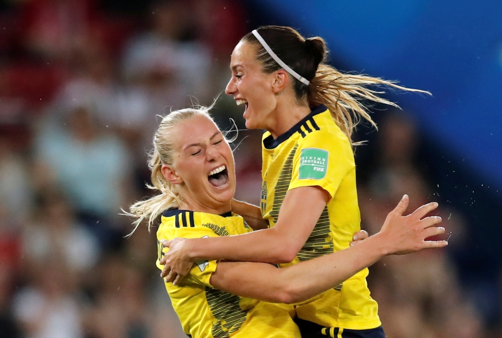 Sweden's goalkeeper Hedvig Lindahl saves a penalty kick in the match against Canada in the during the France 2019 Women's World Cup round of sixteen football match at the Parc des Princes stadium in Paris, on Monday. — AFP