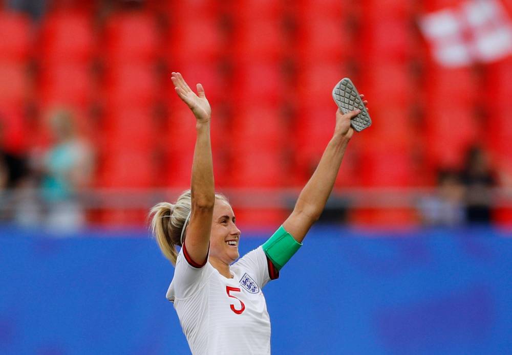 England's Steph Houghton and Millie Bright during the warm up before the Women's World Cup round of 16 match against Cameroon at Stade du Hainaut, Valenciennes, France on Sunday. — Reuters 