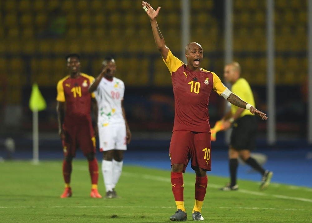 Ghana's midfielder Andre Ayew reacts during the 2019 Africa Cup of Nations (CAN) football match between Ghana and Benin at the Ismailia Stadium on Tuesday. — AFP