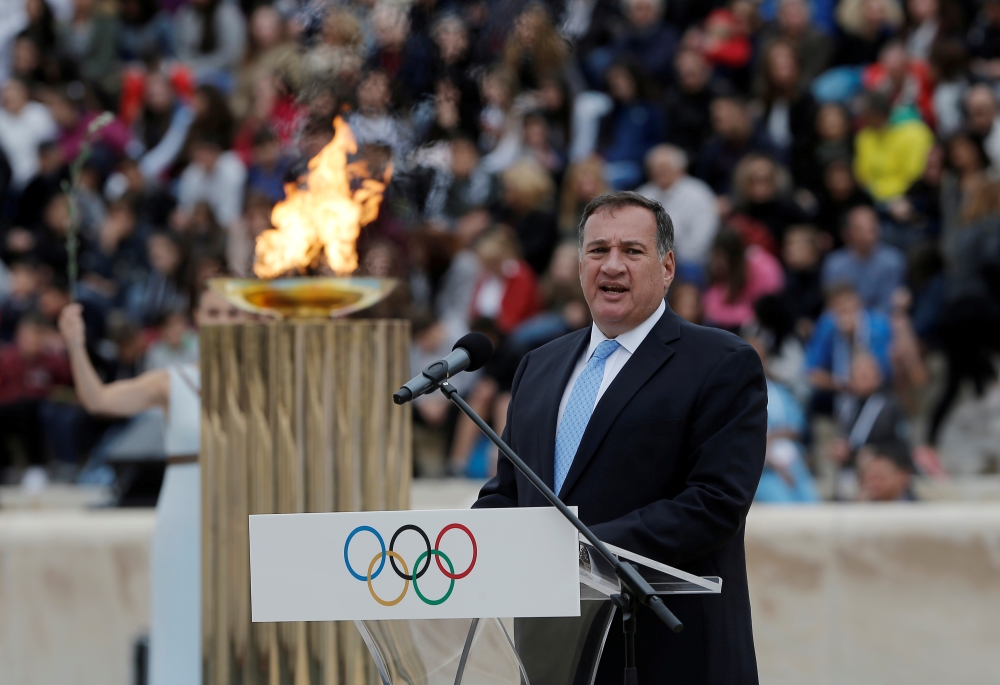 President of the Hellenic Olympic Committee Spyros Capralos makes his address during the Flame handover ceremony for Pyeongchang 2018 Olympics at the Panathenaic Stadium, Athens, Greece in this Oct. 31, 2017, file photo. —  Reuters