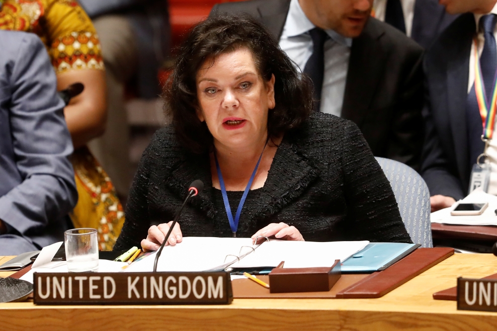 Karen Pierce, Britain's Ambassador to the United Nations, addresses the UN Security Council briefing on implementation of the resolution that endorsed the Iran nuclear deal at the United Nations headquarters in New York on Wednesday. — Reuters