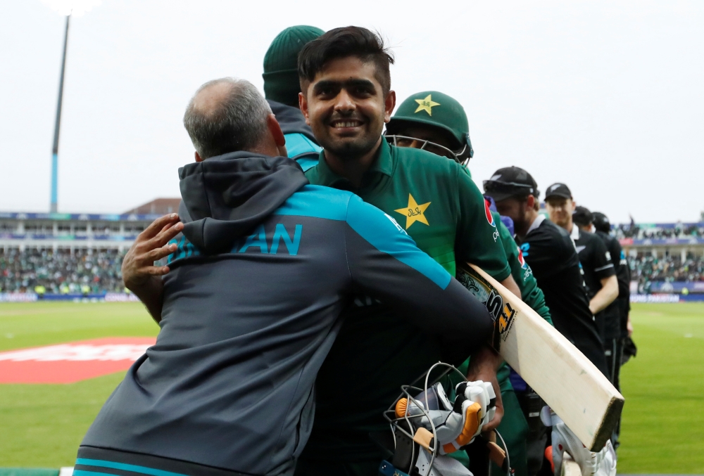 Pakistan's Babar Azam celebrates after winning the ICC Cricket World Cup match against New Zealand at the Edgbaston, Birmingham, Britian on Wednesday. — Reuters