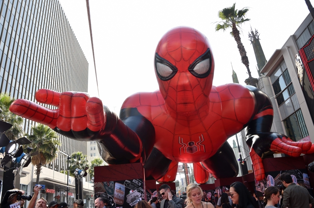 A giant inflatable Spider-Man is displayed on the red carpet for the “Spider-Man: Far From Home” World premiere at the TCL Chinese theater in Hollywood on Wednesday. — AFP