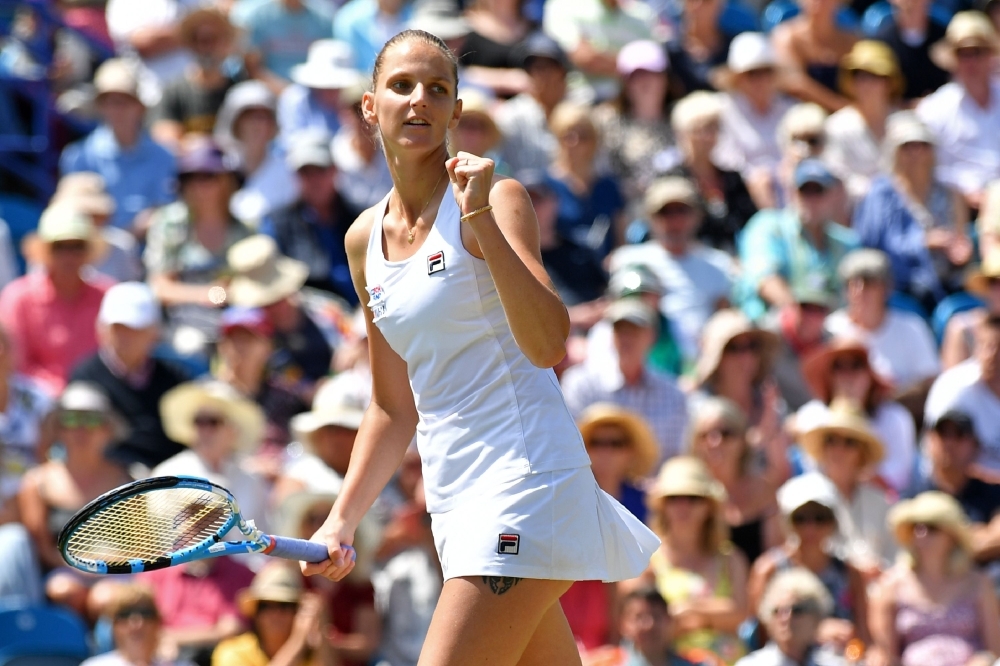 Czech Republic's Karolina Pliskova celebrates her win over Netherland's Kiki Bertens in their women's singles semifinal match at the WTA Nature Valley International tennis tournament in Eastbourne, southern England on Friday. — AFP