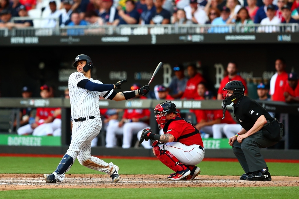 Gary Sanchez of the New York Yankees bats during the MLB London Series game between Boston Red Sox and New York Yankees at London Stadium in London, England, on Sunday. — Reuters