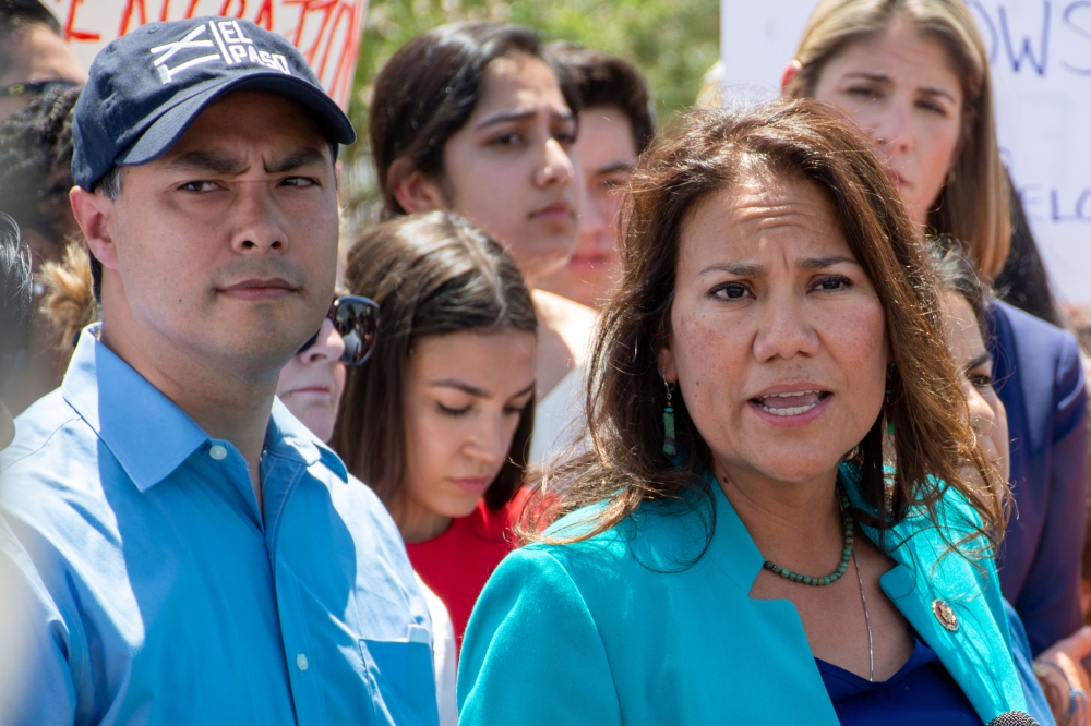 US Representative Veronica Escobar from El Paso speaks to the news media along with Rep. Joaquin Castro and Rep. Alexandria Ocasio-Cortez after they toured two Border patrol stations following reports of migrants kept in inadequate conditions, in Clint, Texas, on Monday. -Reuters