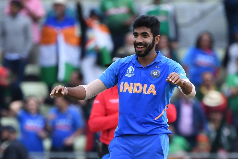 India's Jasprit Bumrah celebrates bowling Bangladesh's Mustafizur Rahman for a duck during the 2019 Cricket World Cup group stage match between Bangladesh and India at Edgbaston in Birmingham, central England, on Tuesday. — AFP