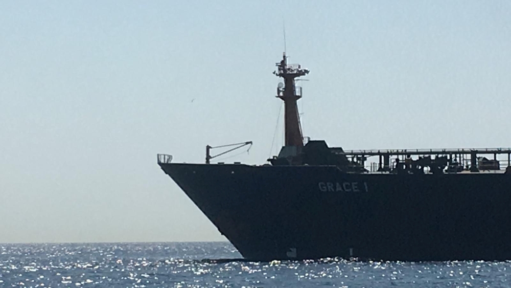 Oil supertanker Grace 1 on suspicion of being carrying Iranian crude oil to Syria is seen near Gibraltar, Spain, on Thursday. — Reuters
