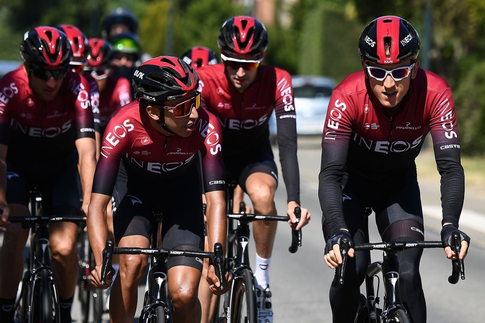 Team Ineos's Colombian cyclist Egan Bernal rides with teammates during a training session near Overijse on Thursday, two days prior to the start of the 106th edition of the Tour de France cycling race. — AFP