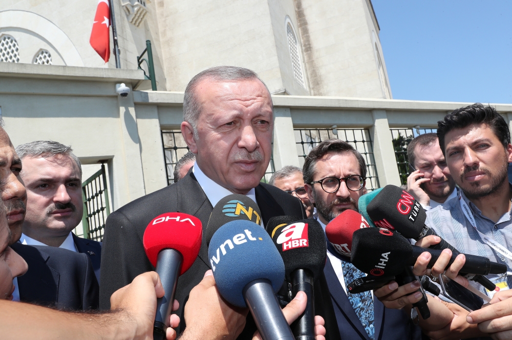 Turkish President Tayyip Erdogan talks to press members in Istanbul, Turkey, July 5. -Reuters 