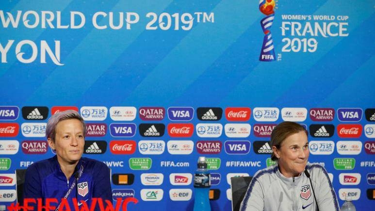 Coach of the US Jill Ellis and Megan Rapinoe of the US during the press conference at Groupama Stadium, Lyon, France, on Saturday. — Reuters 