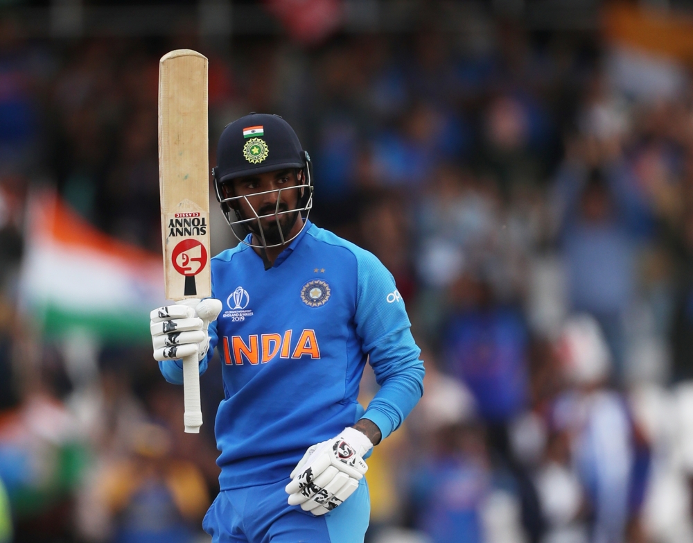 India's Rohit Sharma celebrates after reaching his century during the 2019 Cricket World Cup group stage match between Sri Lanka and India at Headingley in Leeds, northern England, on Saturday. — AFP