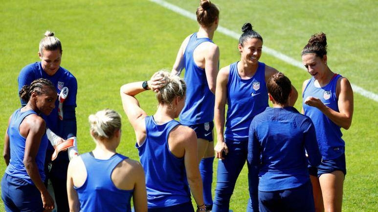 General view of United States women's World Cup team during training at Terrain d'Honneur, Limonest, France, on Saturday. — Reuters