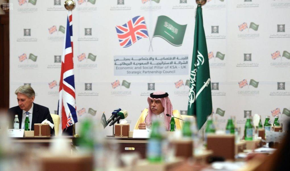 Minister of Commerce and Investment Dr. Majid Bin Abdullah Al-Qasabi and British Chancellor of the Exchequer Philip Hammon attend the first meeting of the Economic and Social Committee of the UK-Saudi Strategic Partnership Council at Ritz-Carlton Hotel in Jeddah on Sunday. — SPA