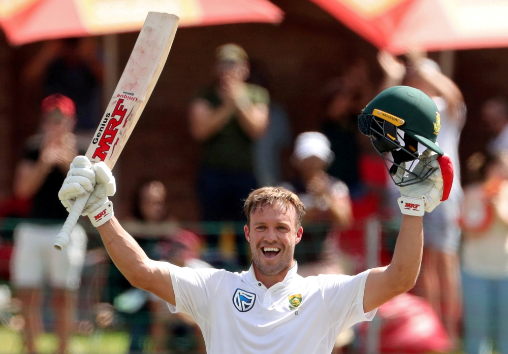 South Africa's AB de Villiers celebrates his century during the Second Test against Australia  at St George's Park, Port Elizabeth, South Africa. — Reuters