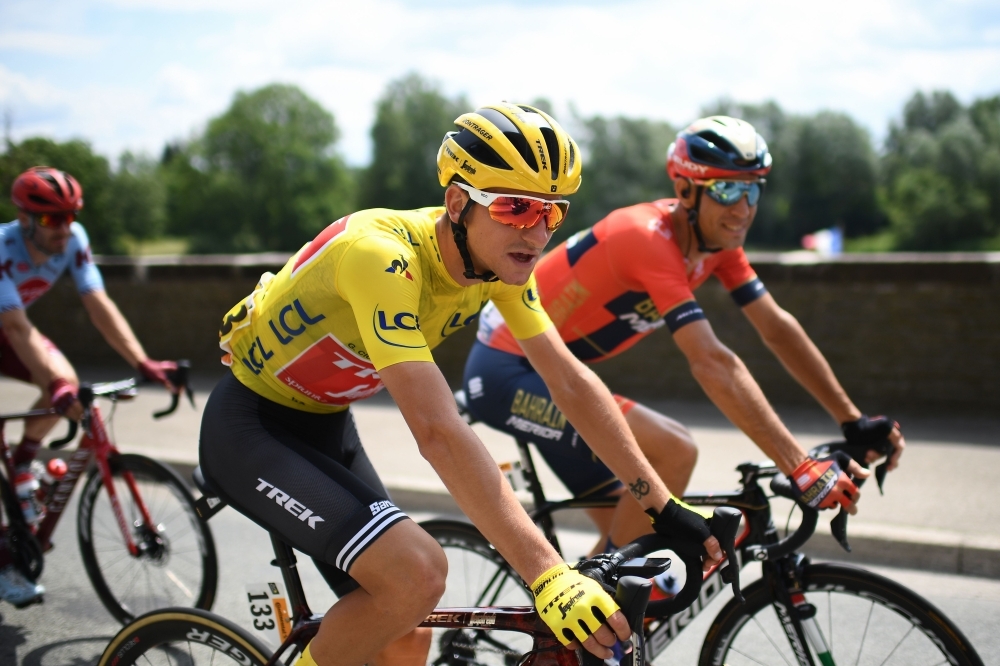 Italy's Giulio Ciccone (front), wearing the overall leader's yellow jersey rides with Italy's Vincenzo Nibali during the seventh stage of the 106th edition of the Tour de France cycling race between Belfort and Chalon-sur-Saone, on Friday. — AFP